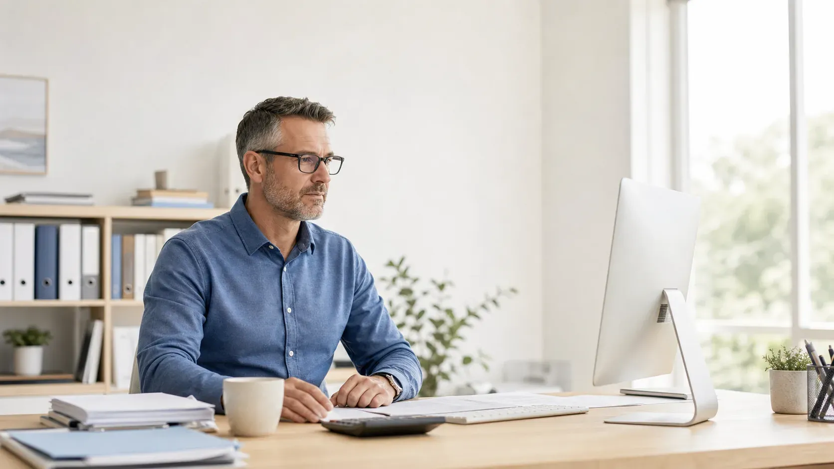 Accountant reviewing financial documents at a desktop computer in a bright office