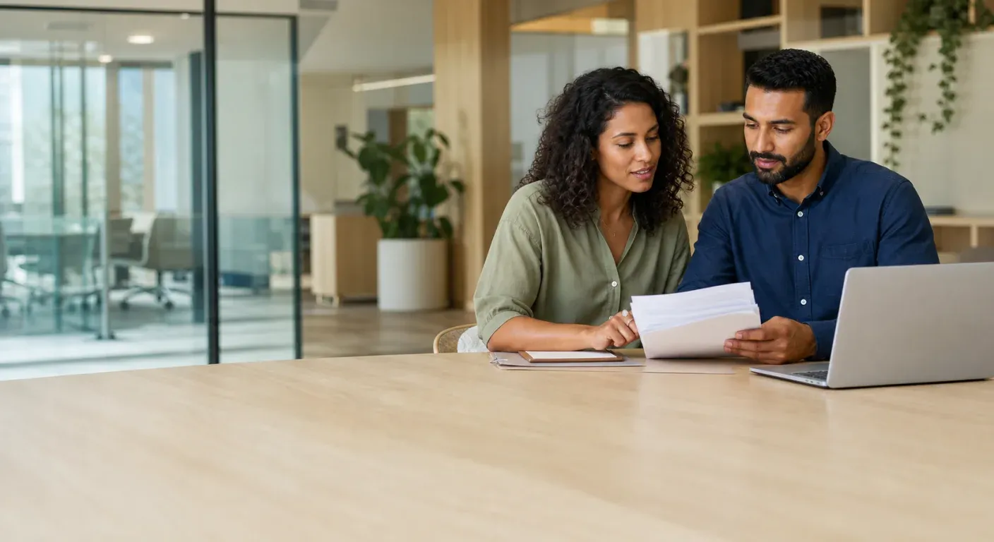 HR professionals reviewing employee onboarding documents in a modern office