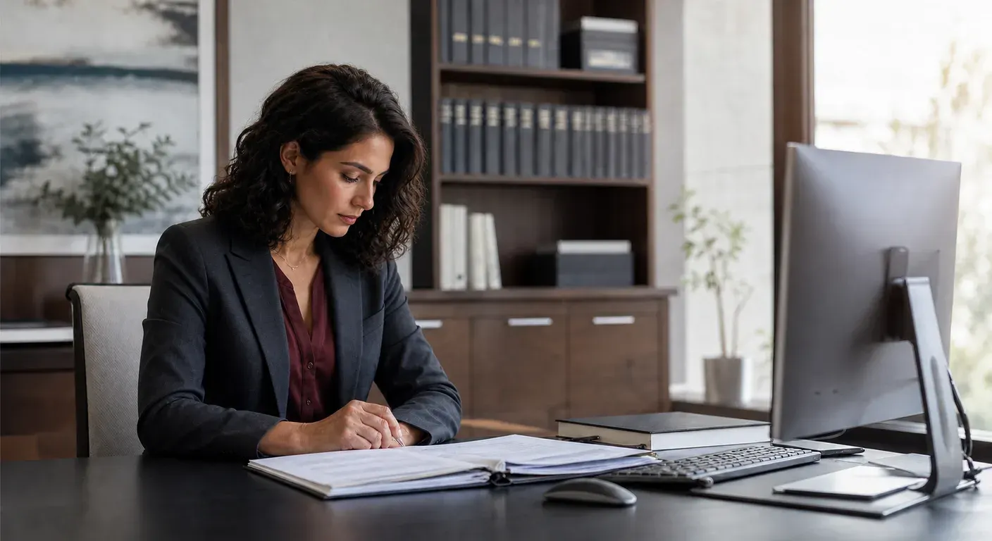 Attorney reviewing legal documents at a desktop computer