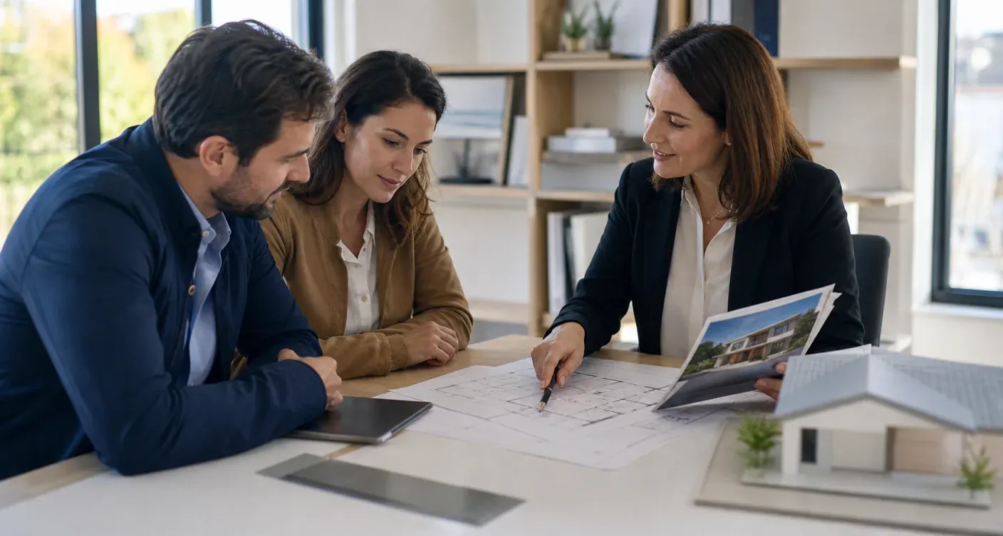 A real estate agent showing house plans to two prospective buyers in a bright office