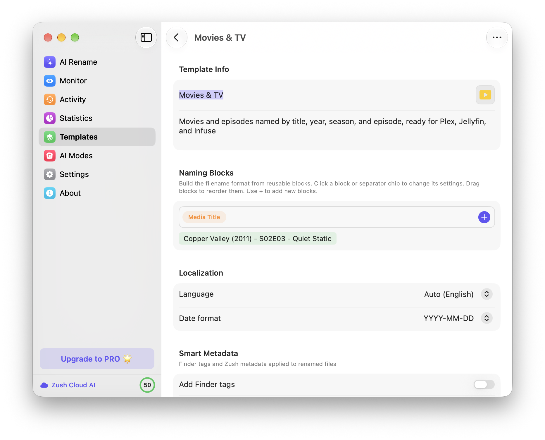 Zush Movies & TV Template editor with the Media Title block and a preview episode filename.