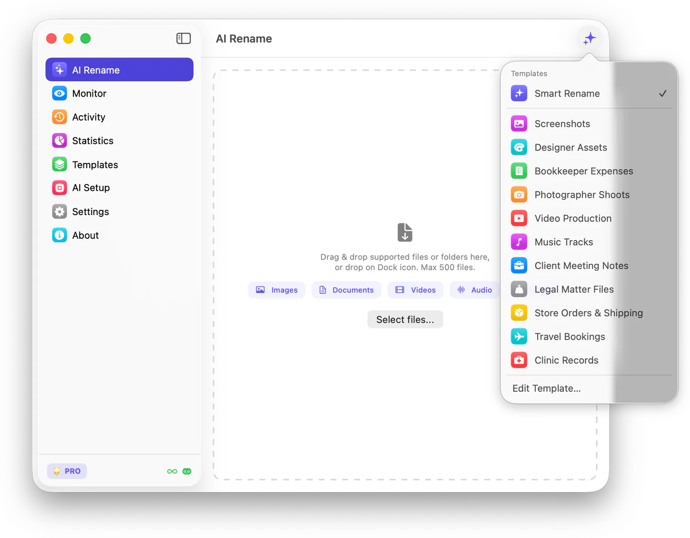 The AI Rename screen with the Template picker open.