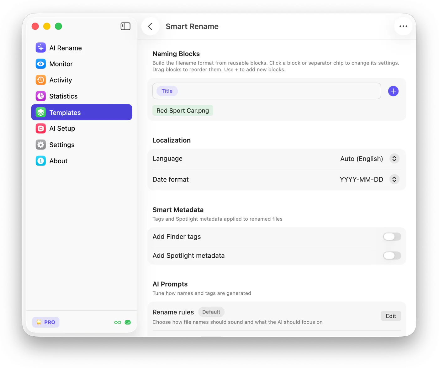 The Smart Rename template settings showing Naming Blocks, localization, metadata, and AI prompts.