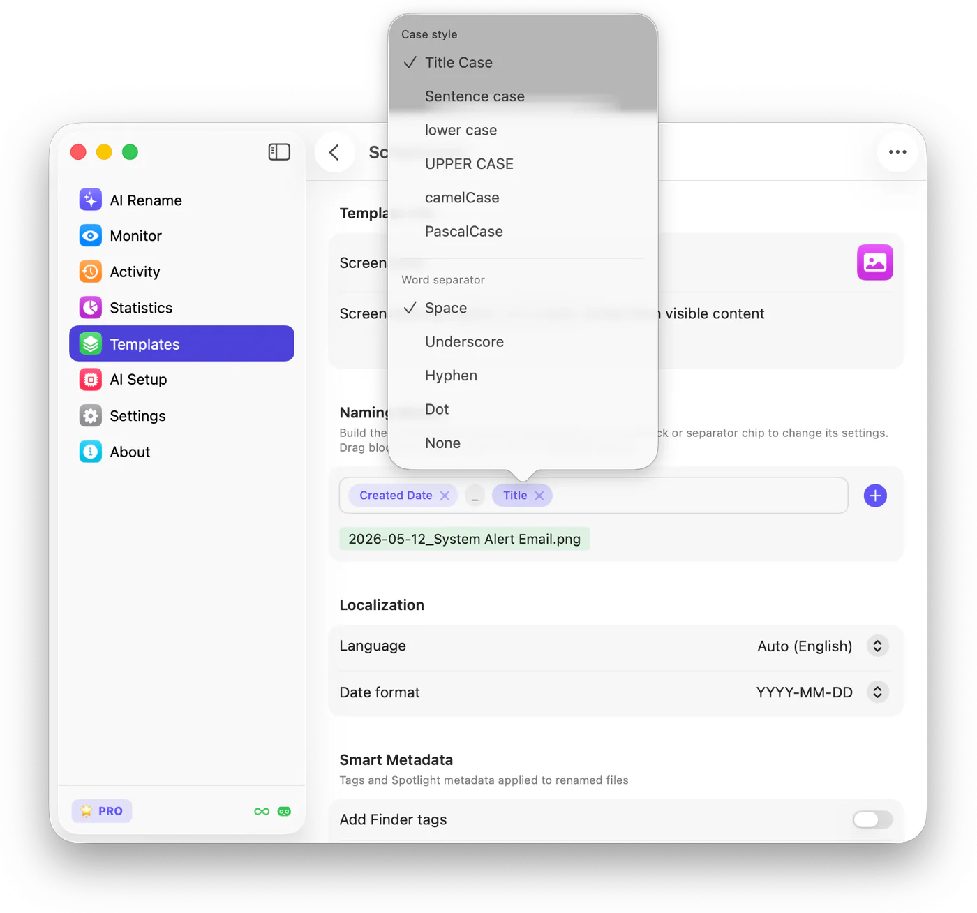 A screenshot template configured with Created Date and Title blocks, with a preview filename below.