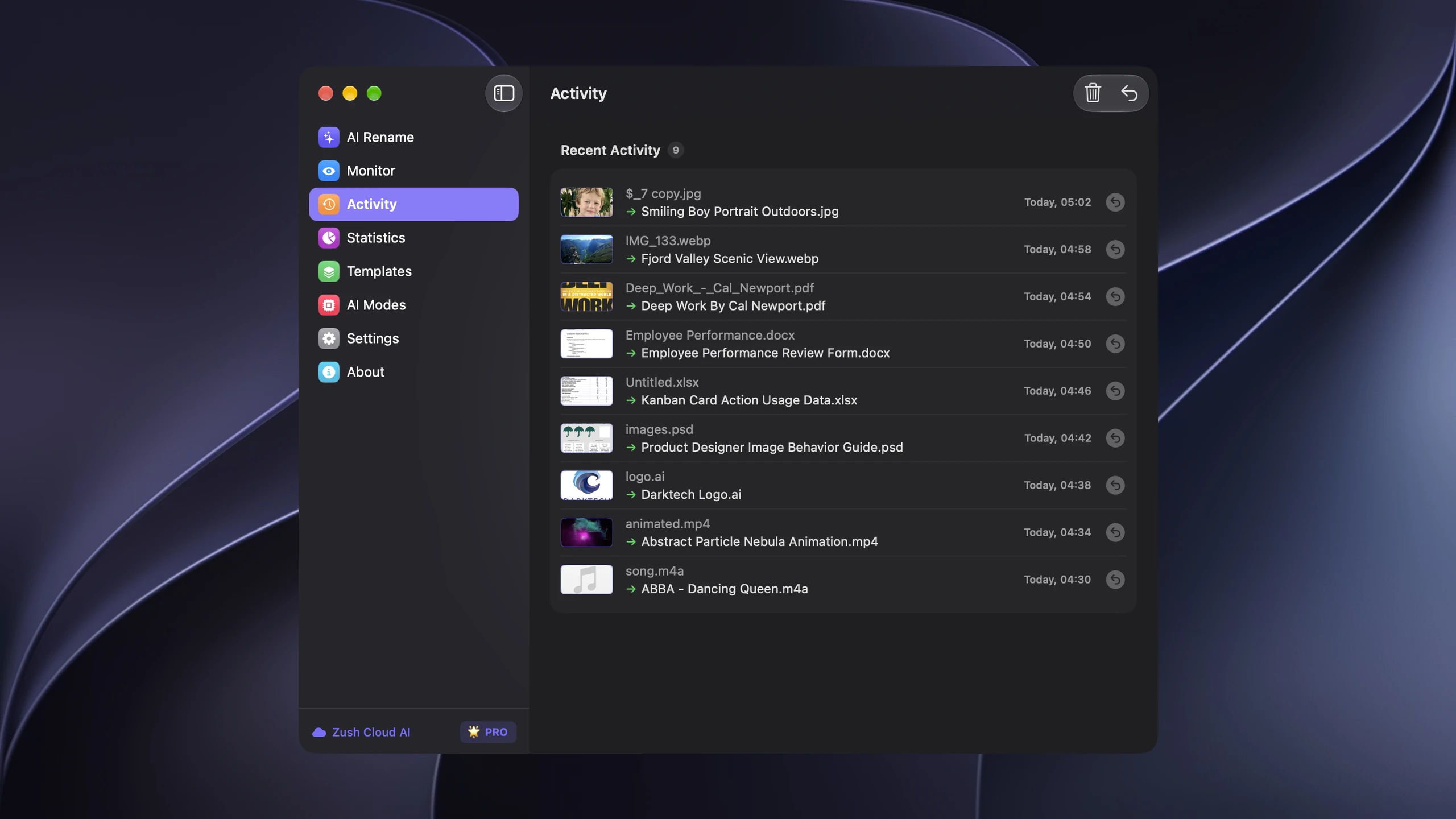 Zush activity tab showing rename history with undo buttons for each renamed file