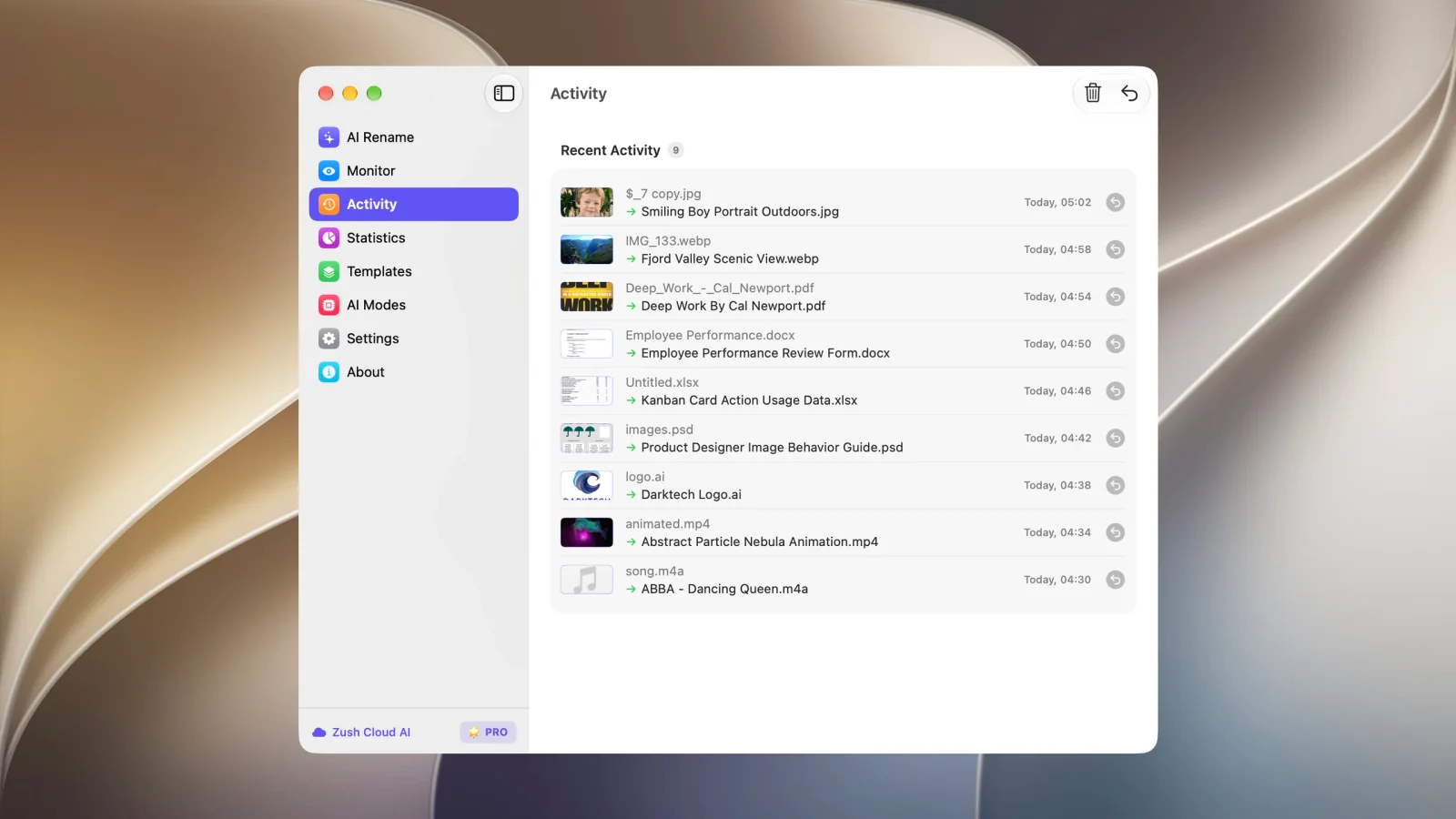 The Zush Activity screen showing previous rename actions and status details.