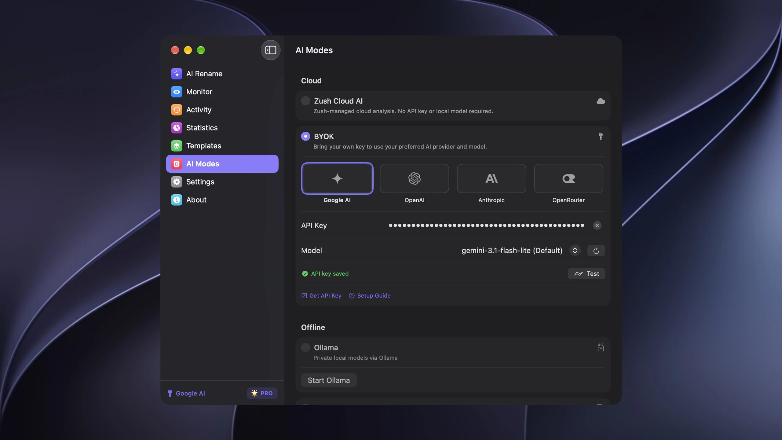 Zush BYOK settings for using your own API key