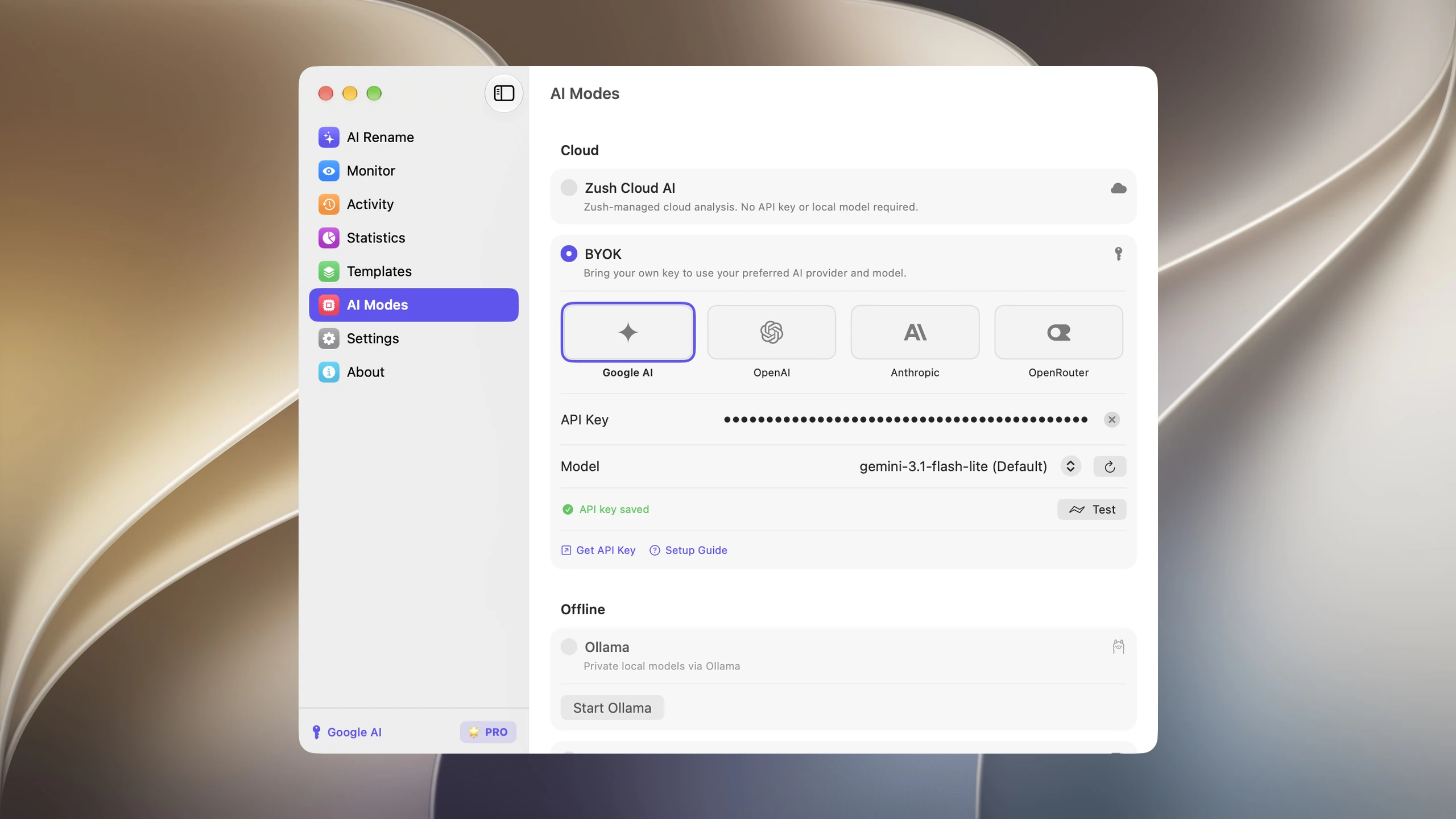 BYOK provider and model settings in Zush AI Modes.