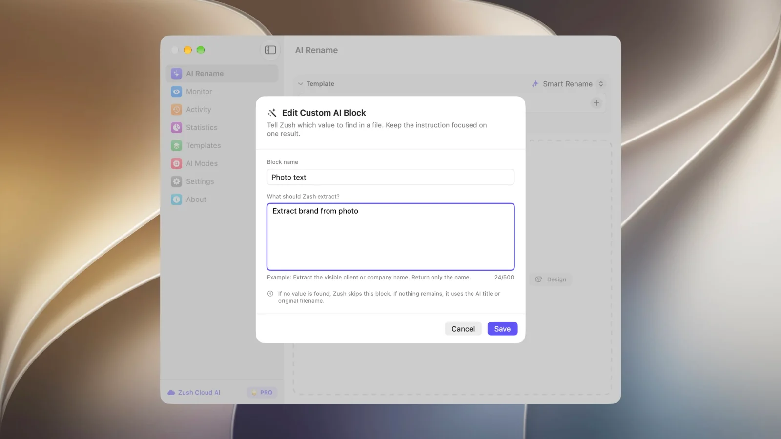 The Edit Custom AI Block dialog in Zush, with fields for a block name and instructions describing what Zush should extract from each file.