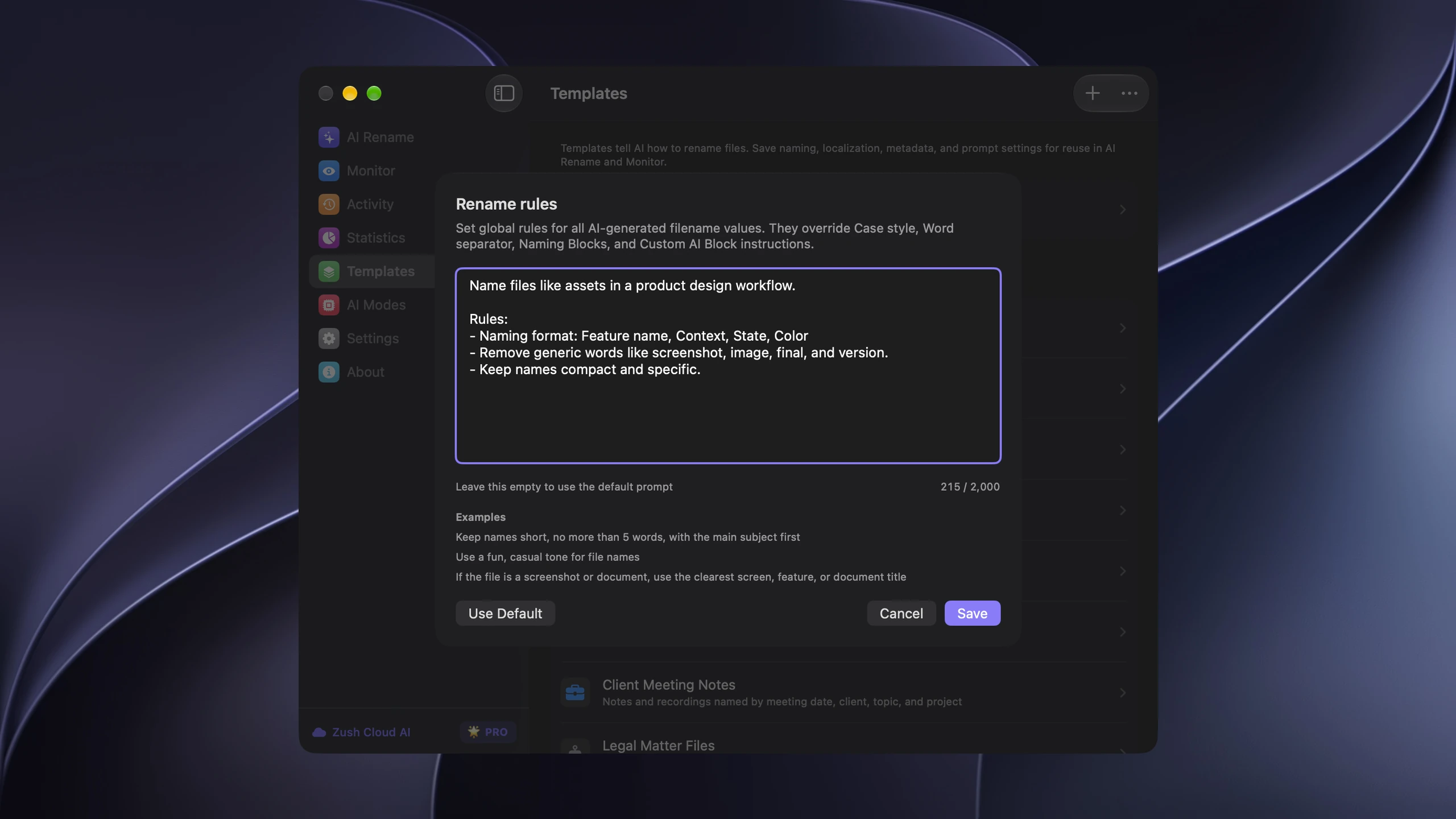 Zush custom rename rules dialog for configuring AI naming behavior