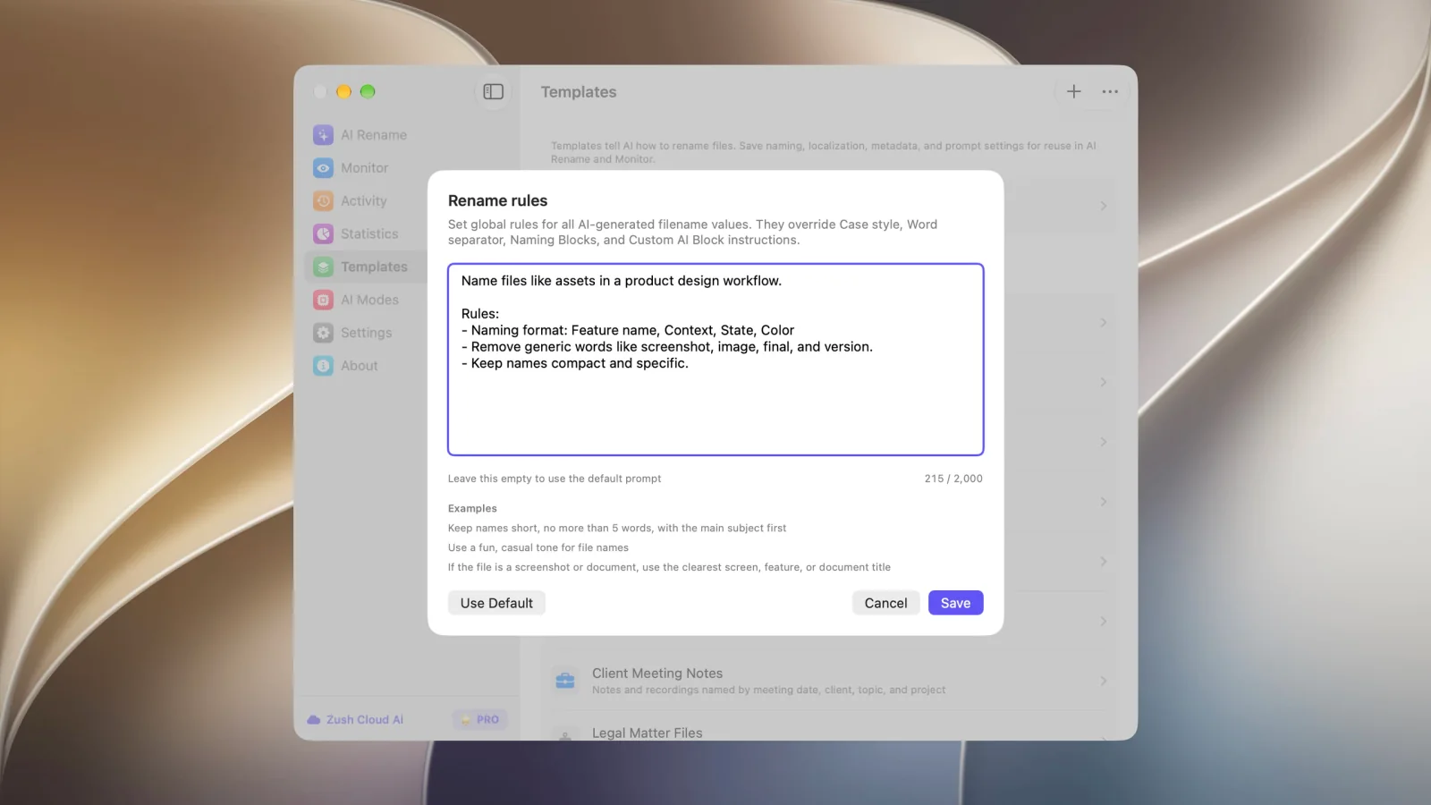 The Zush Custom Prompts screen with instructions for naming and metadata generation.