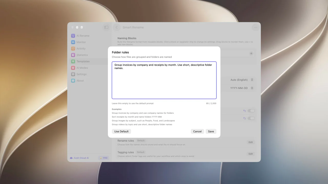 The Folder rules editor with custom grouping instructions and examples.