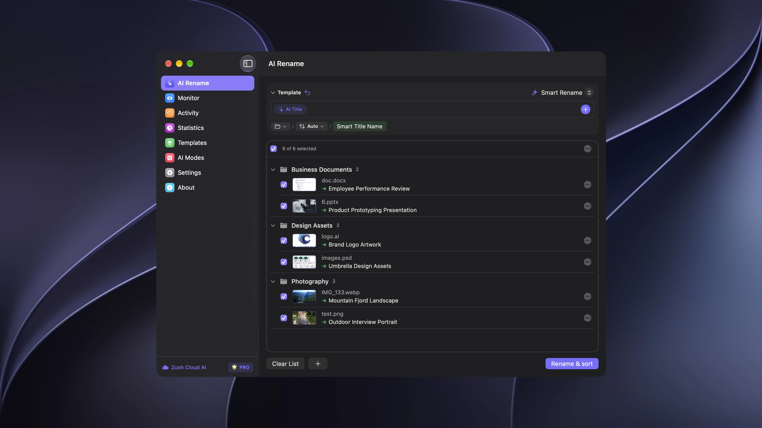 Zush for Mac showing proposed filenames grouped into Business Documents, Design Assets, and Photography before applying the batch