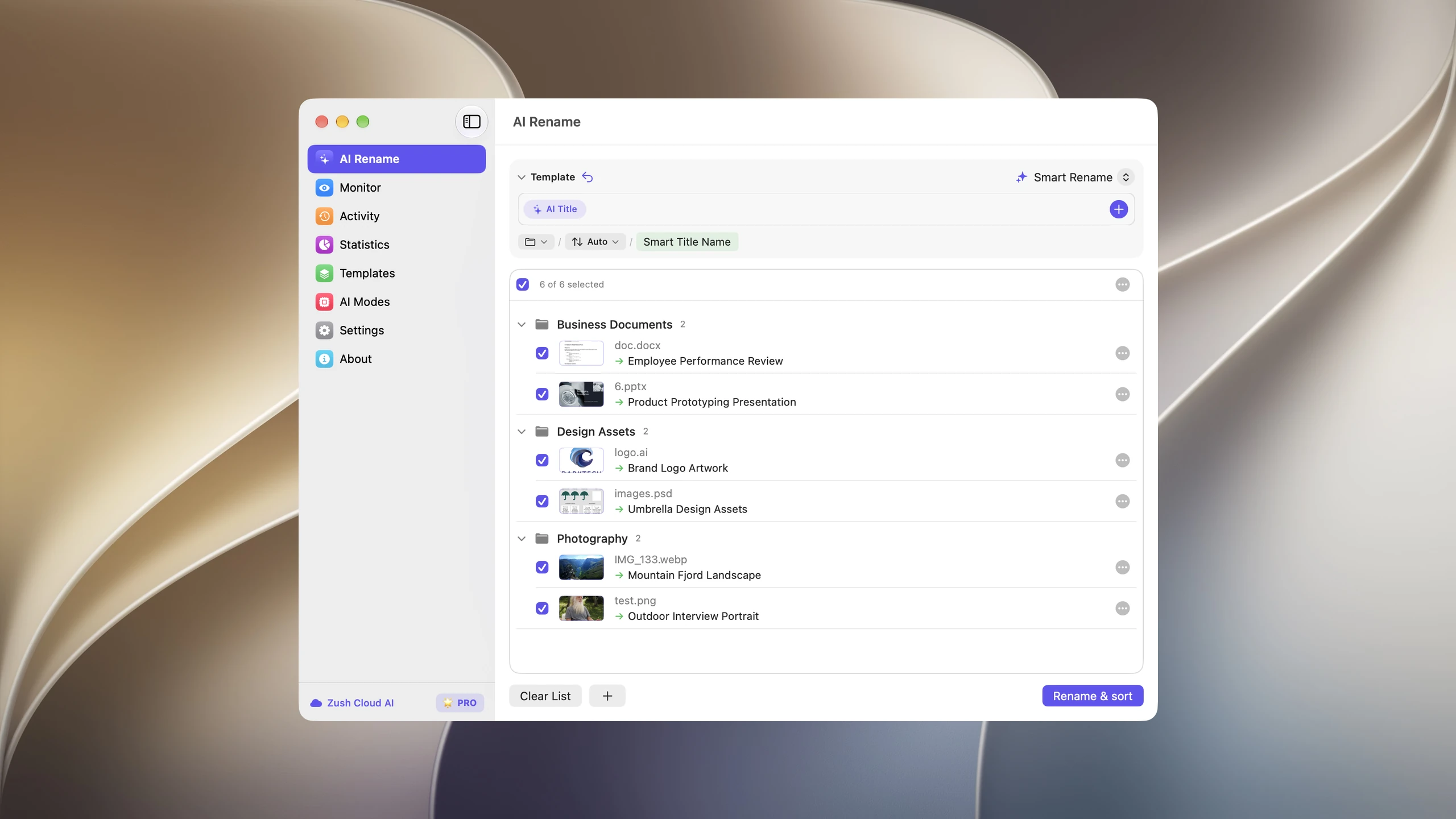 Zush for Mac showing a batch of renamed files grouped into suggested folders before the changes are applied.