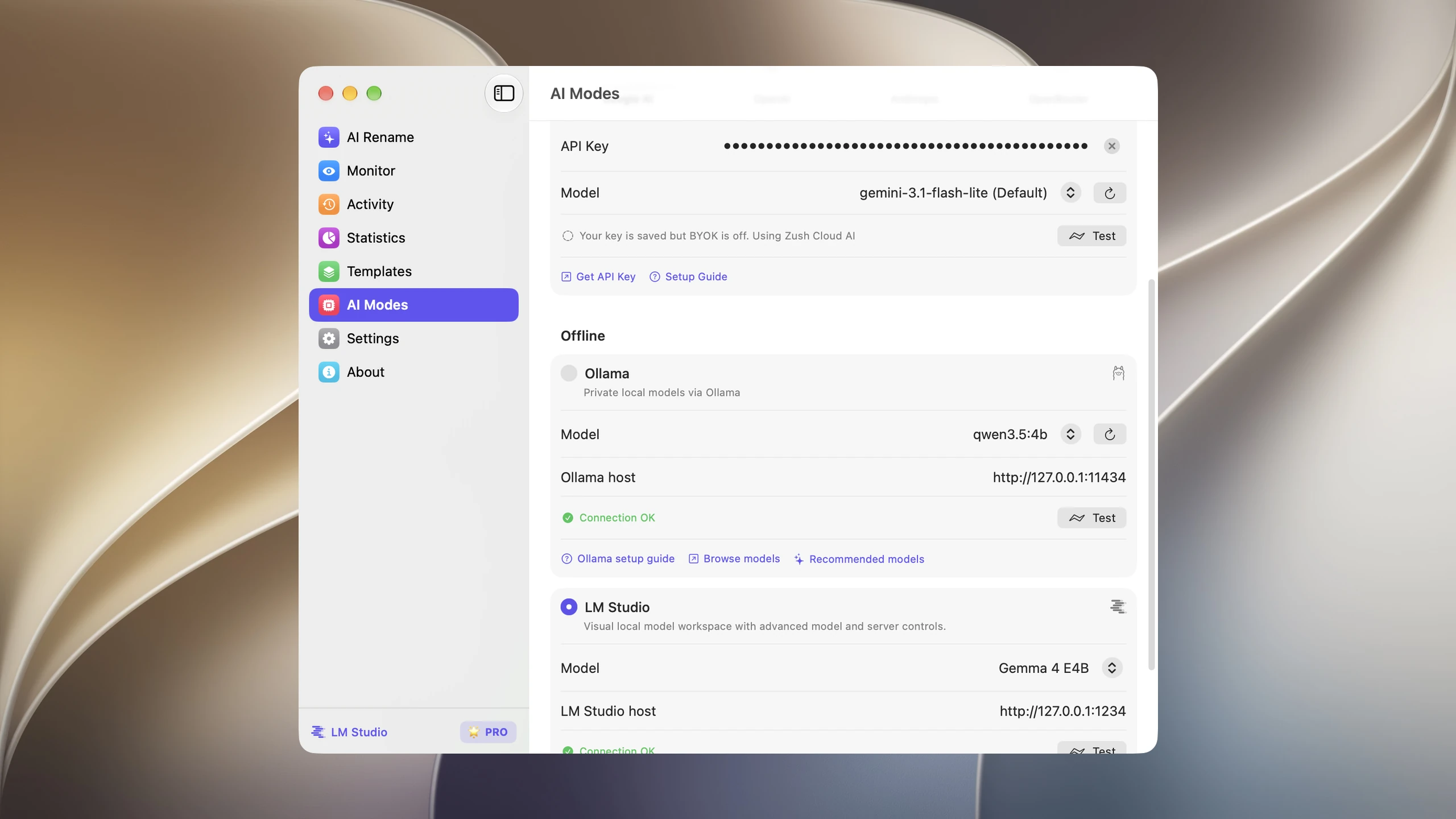 LM Studio model and host settings in Zush for Mac.