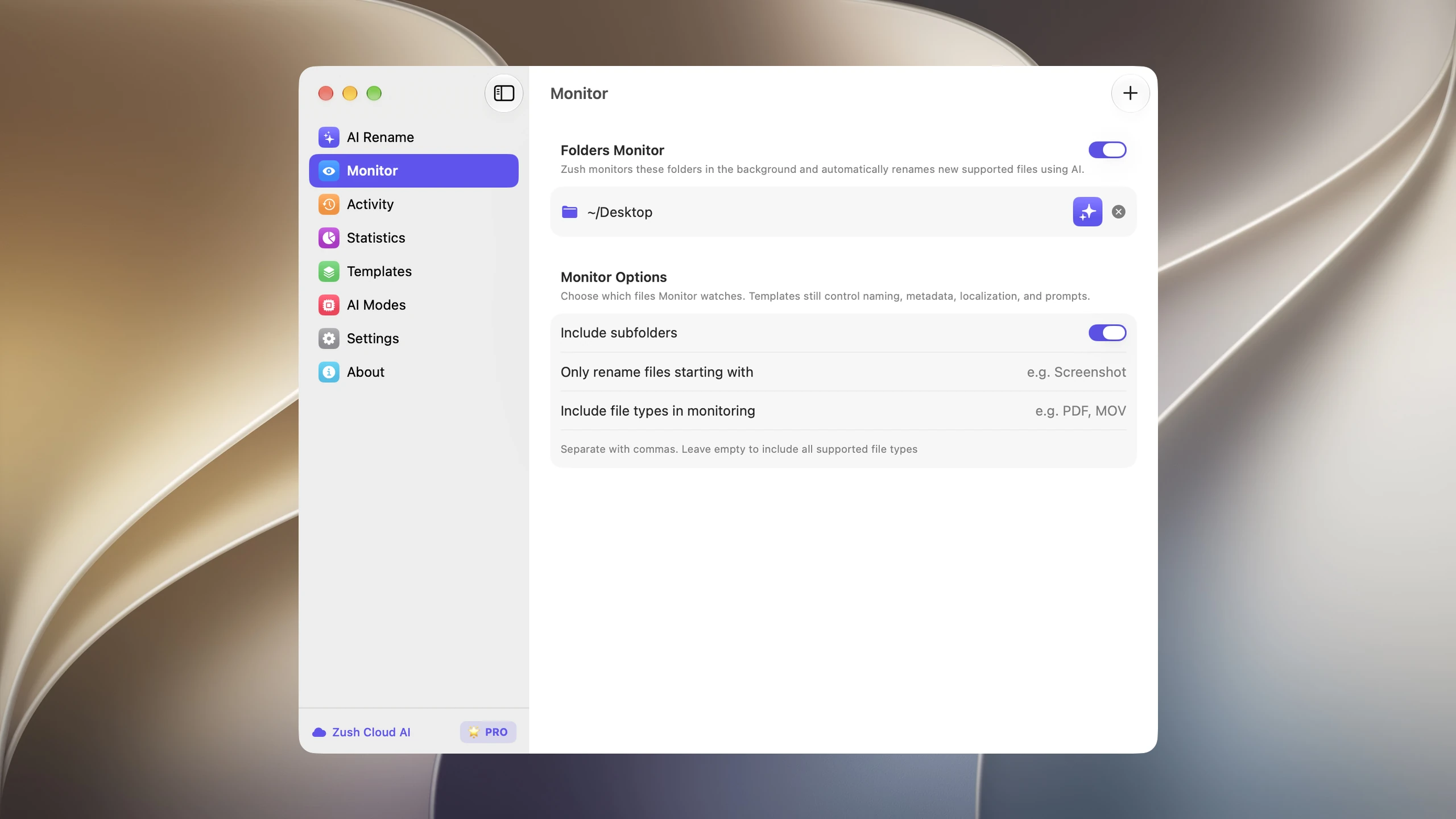 Zush monitor tab showing folder monitoring configuration with Desktop folder selected