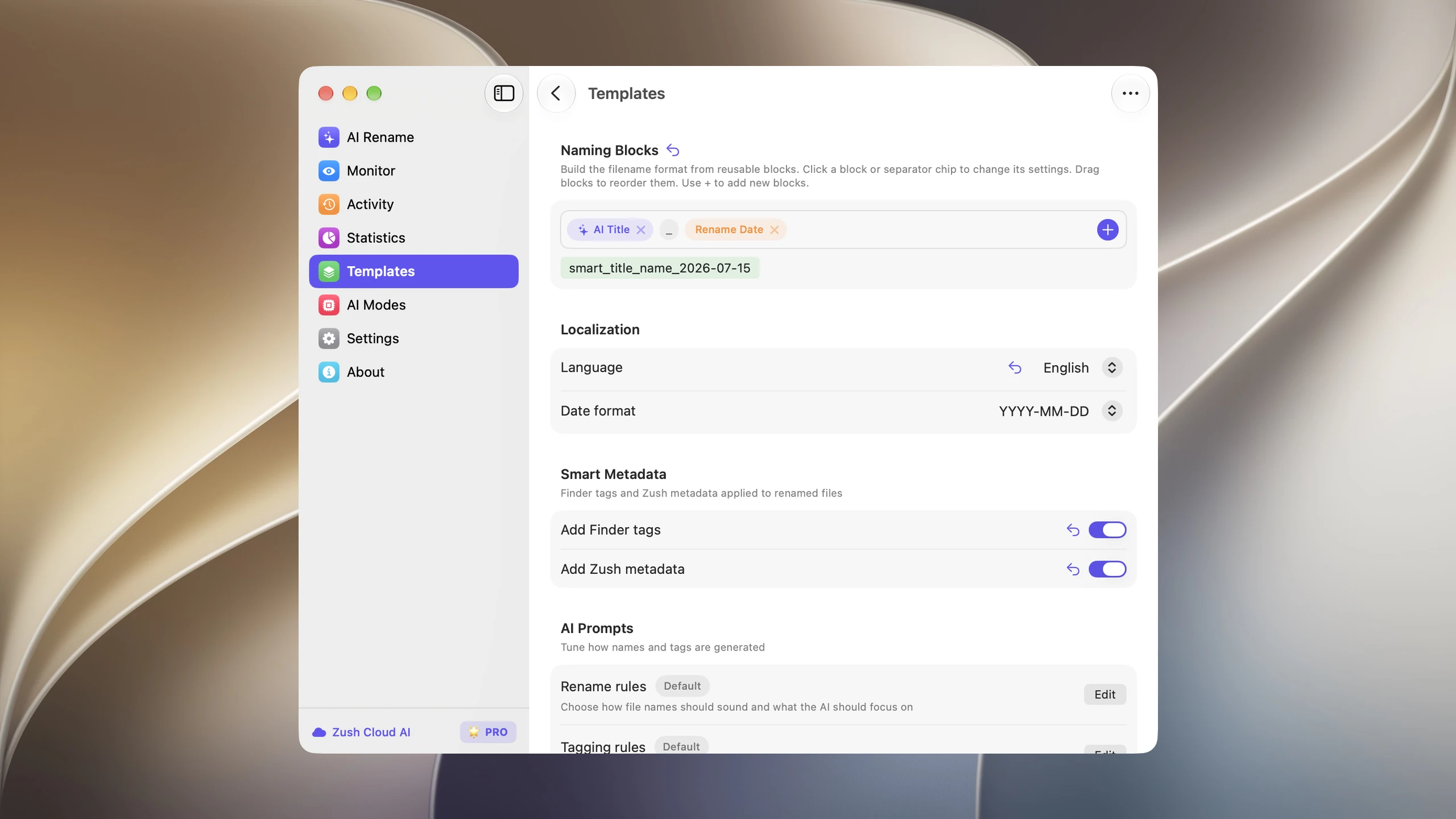 Zush naming pattern configuration with format template and localization options