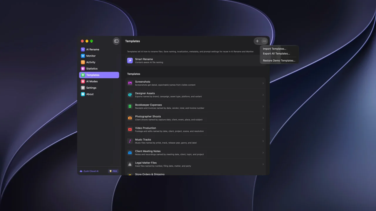 Zush for Mac Templates menu with Import Templates and Export All Templates.