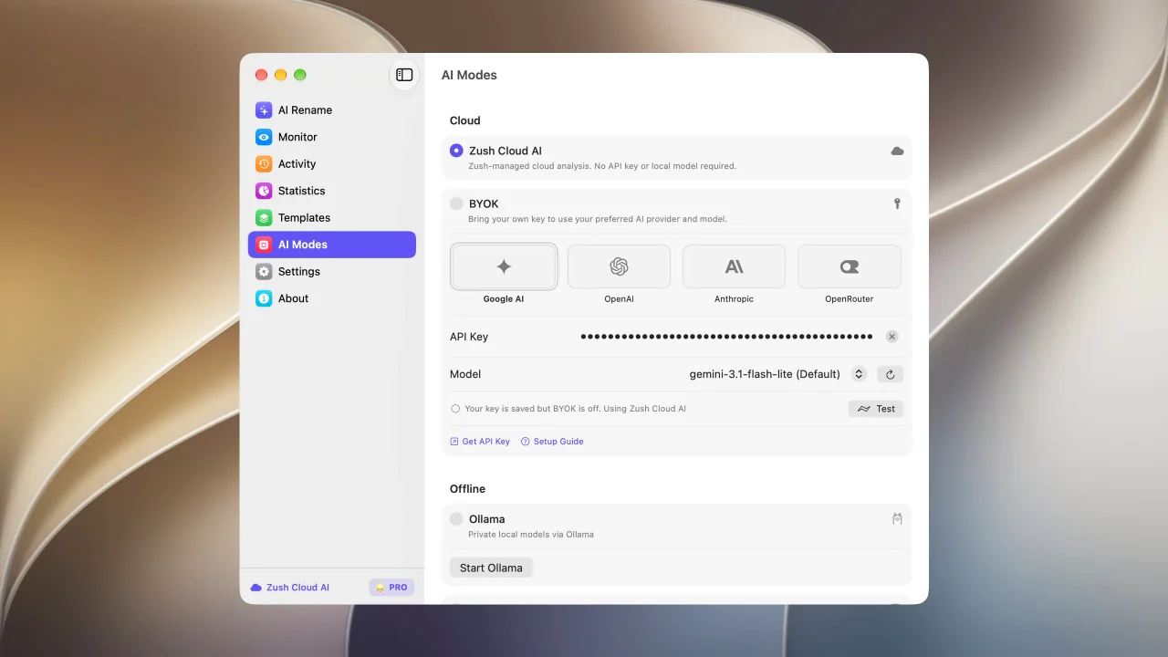 Zush Cloud AI selected in AI Modes for macOS