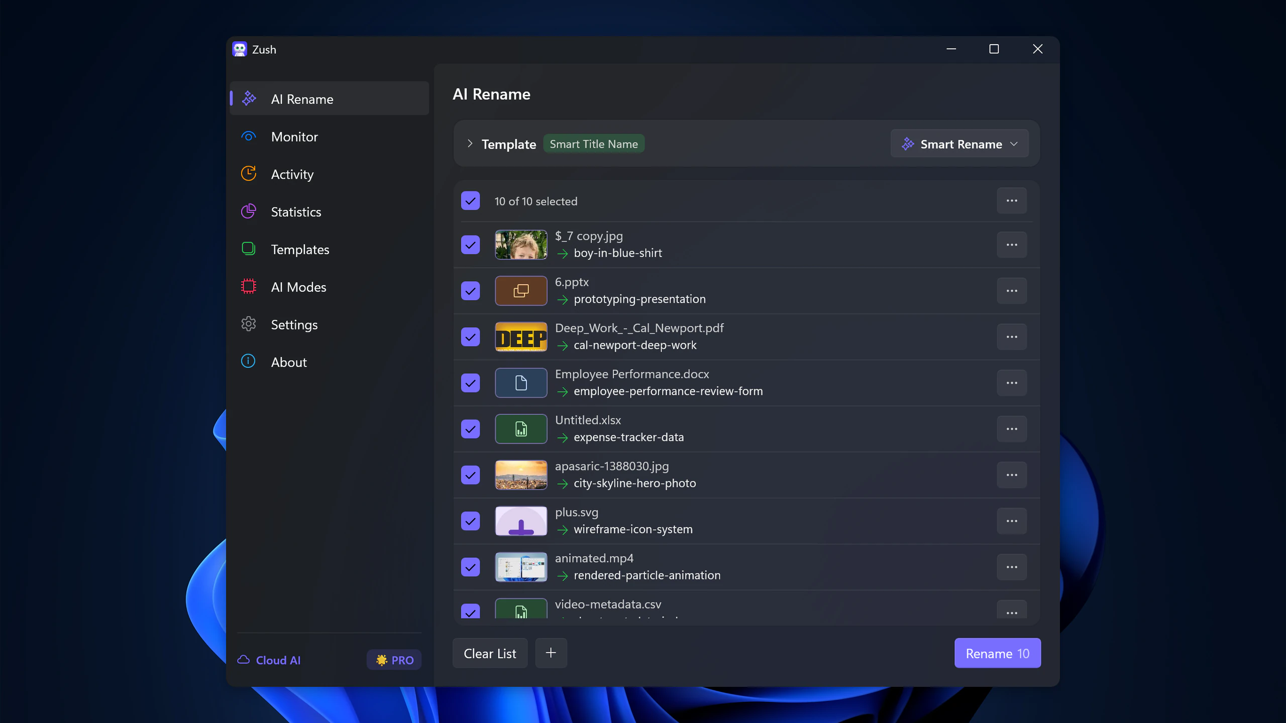 Zush for Windows mixed-file rename workflow for cleaning up Downloads before filing