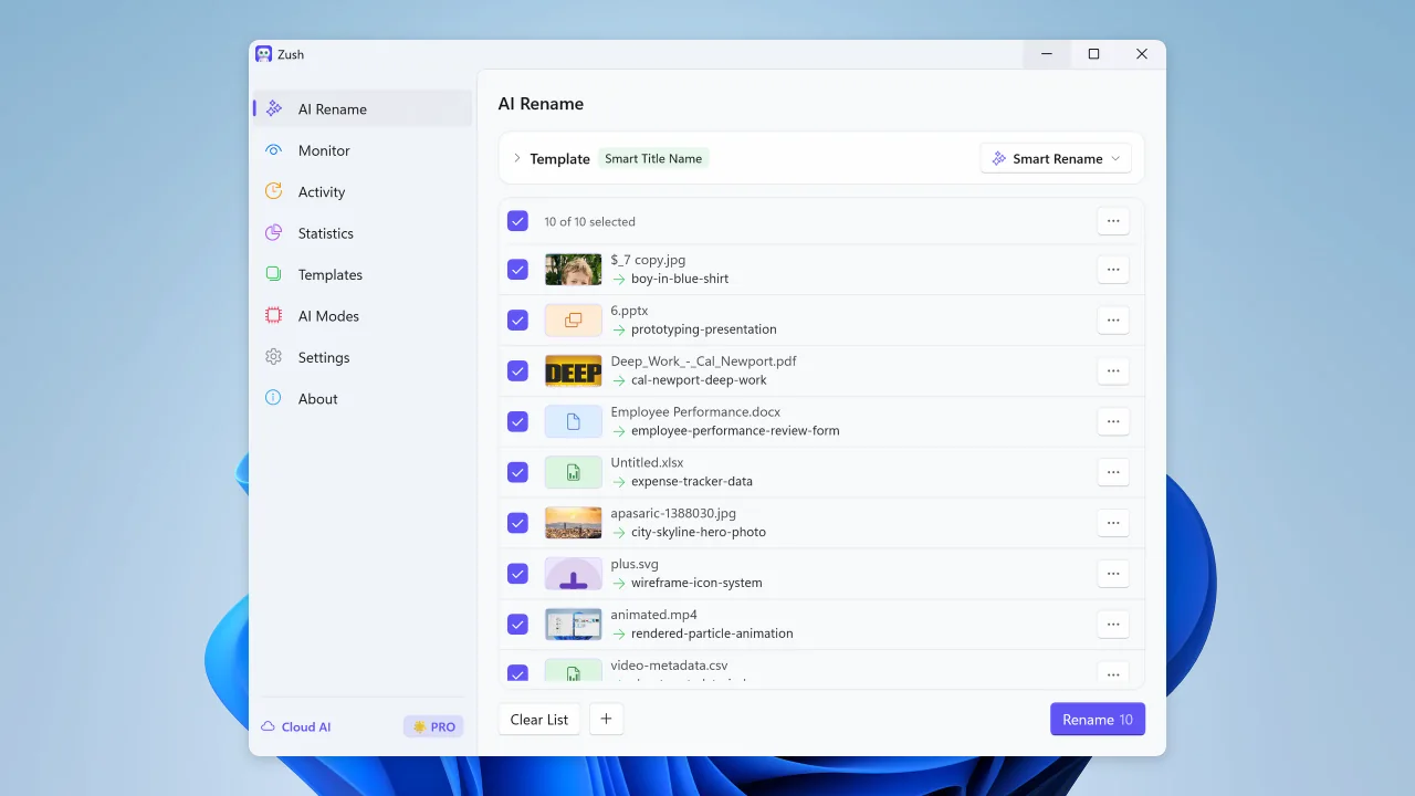 Batch rename workflow in Zush for Windows
