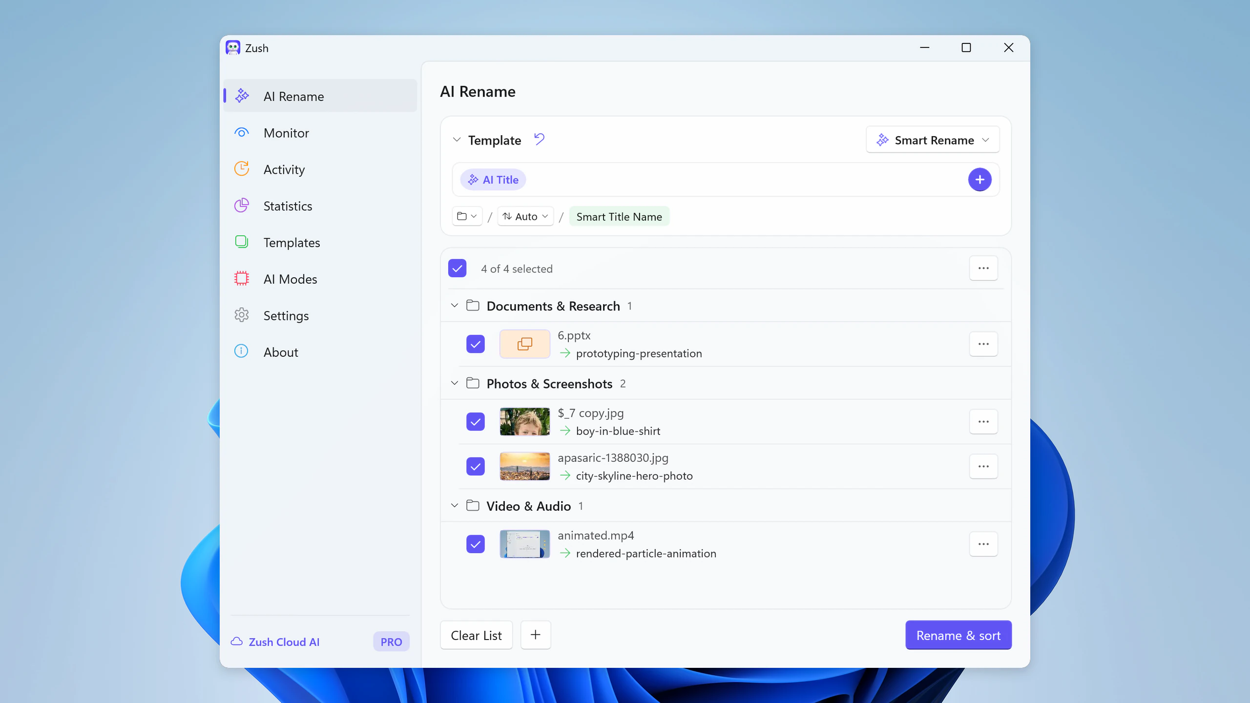 Zush for Windows previewing content-based folder groups and proposed filenames before Rename & sort
