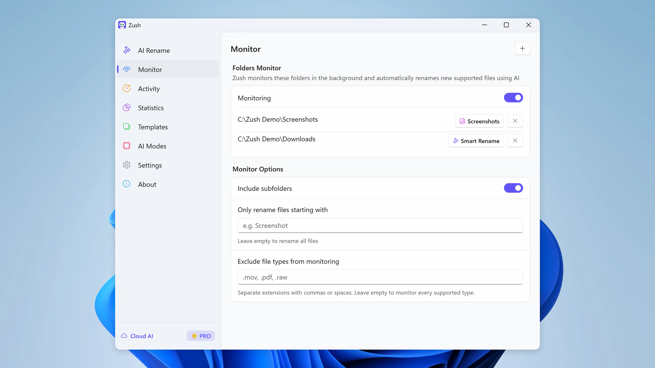 Folder monitoring setup in Zush for Windows for automatic file renaming