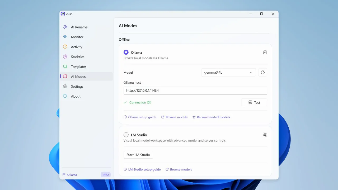 Offline AI setup in Zush for Windows