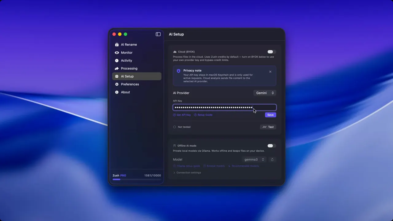 Zush BYOK demo showing AI-powered file renaming with your own provider key