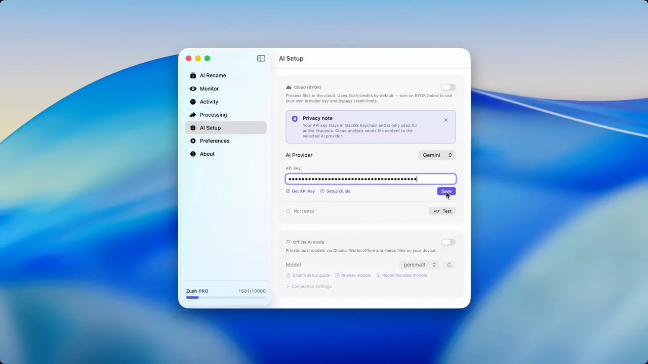 Zush BYOK demo showing AI-powered file renaming with your own provider key