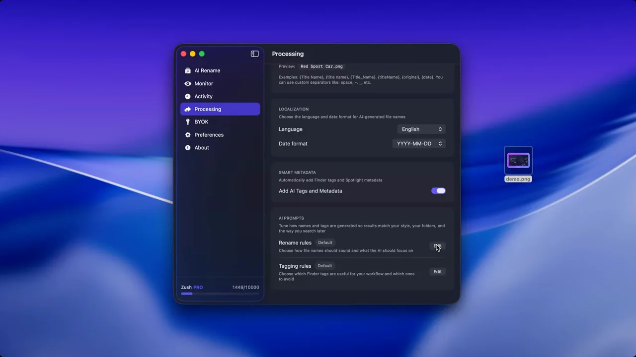 Zush custom prompts demo showing prompt-guided PDF filename generation on Mac