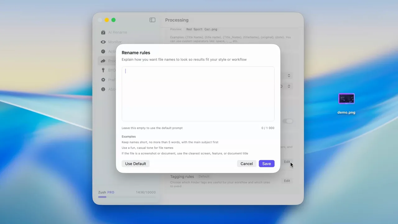 Zush custom prompts demo showing prompt-guided PDF filename generation on Mac