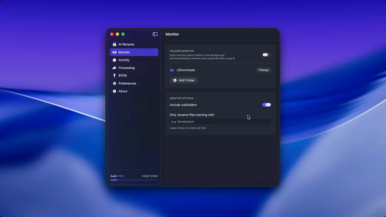 Zush folder monitoring automatically renaming screenshots on Mac in real time