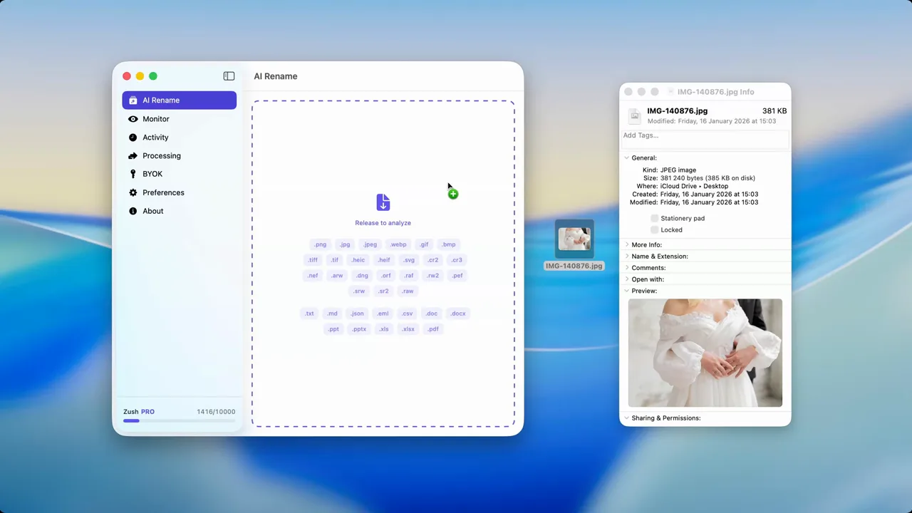 Zush smart tags demo showing automatic AI photo tagging on macOS